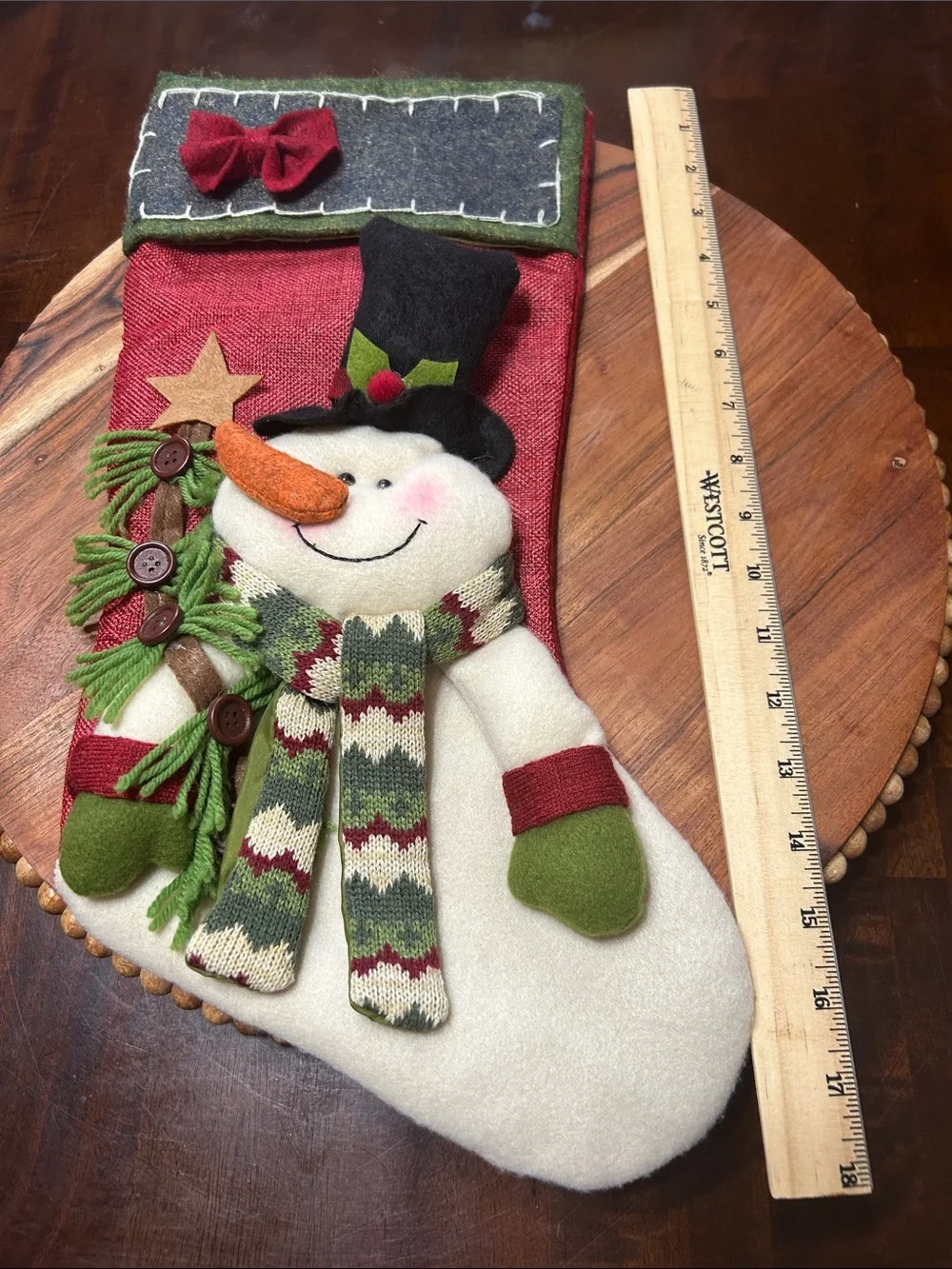 Whimsical 3D Burlap & Felt Snowman Wearing a Scarf Hangable Christmas Stocking